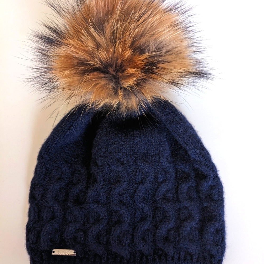 95% Cashmere 5% Merino Wool Cable Knit Hat with Raccoon Pom Deep Blue